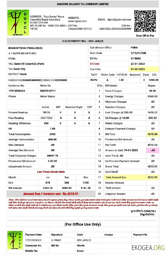 INDIA DGVCL utility bill Word and PDF template